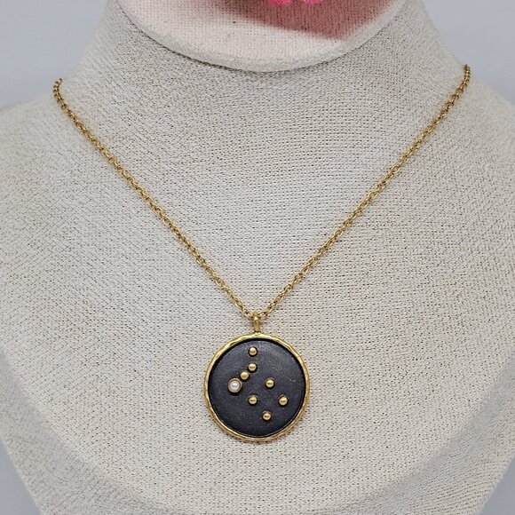 Satya Zodiac Horoscope Gemini Sign Pearl Gem Pendant Necklace 18K Gold Plated - Picture 1 of 12